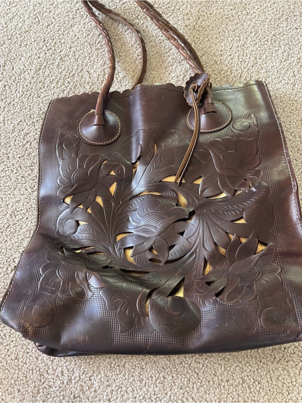 Patricia Nash Cavo Tote Handcrafted Brown Floral Cutout Leather Tote